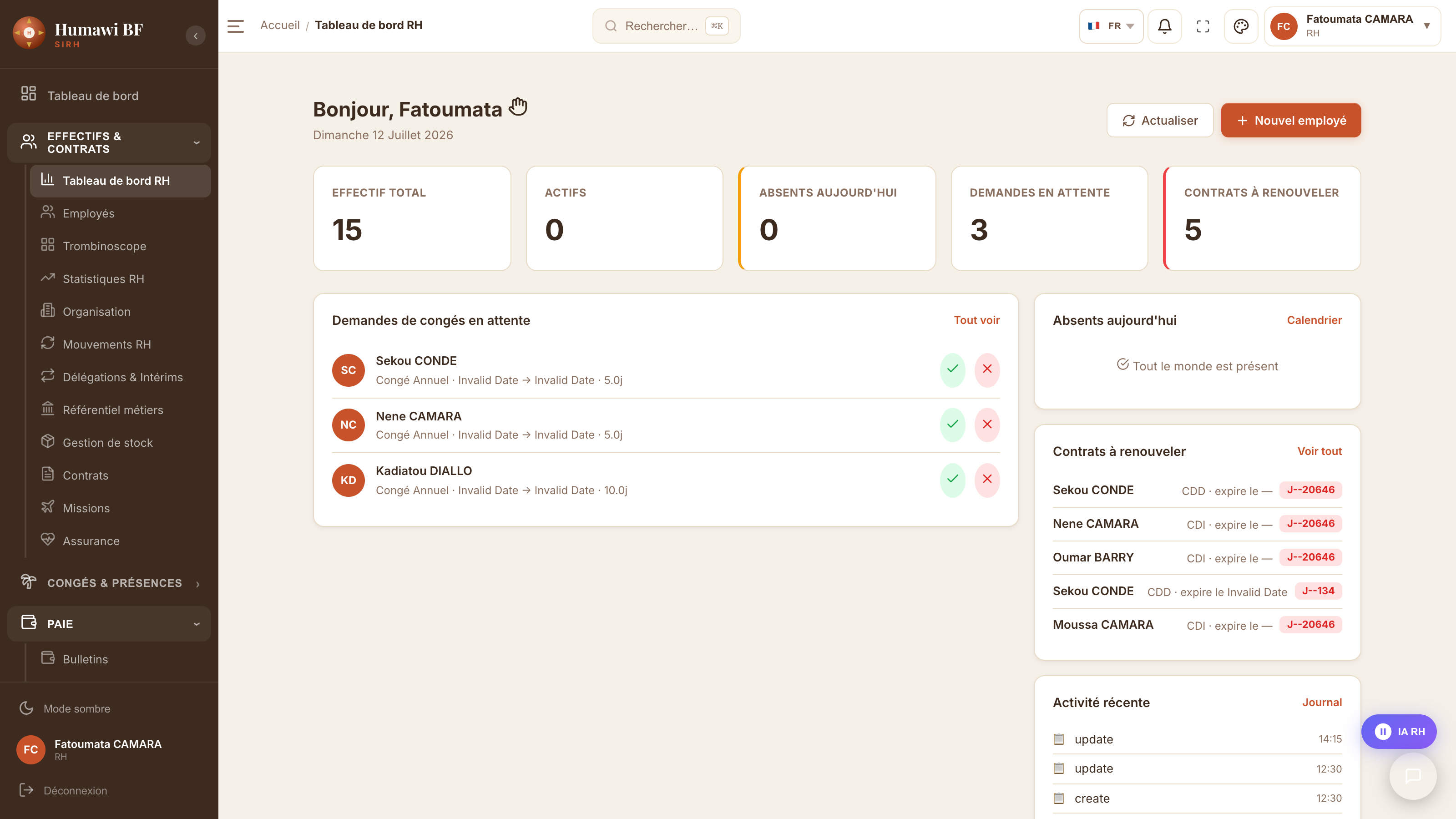 Tableau de bord RH Humawi